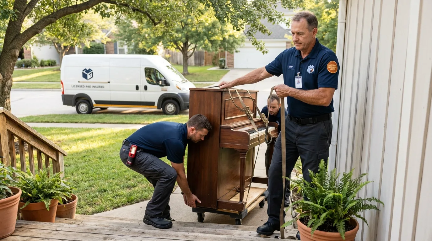 Licensed piano movers securing grand piano in Kaukauna, WI
