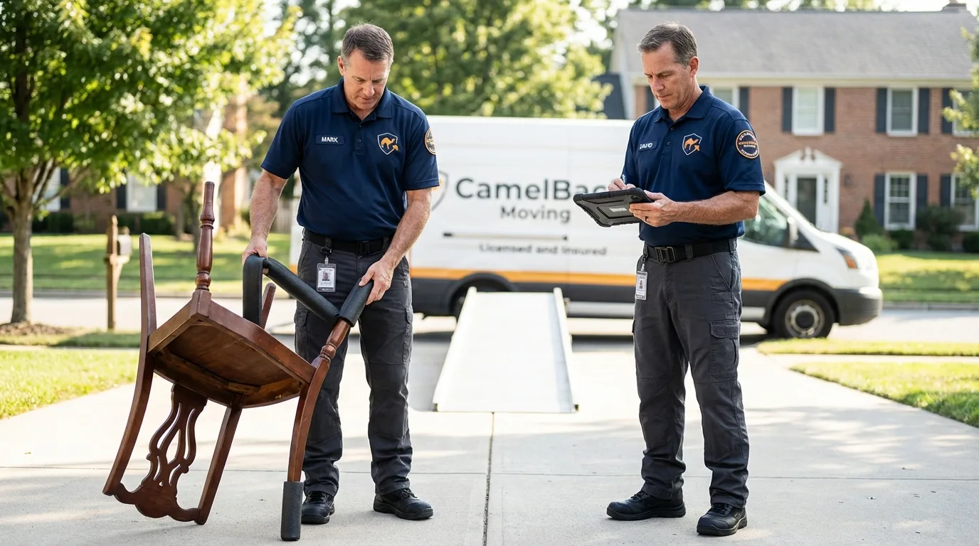 Movers inspecting furniture for damage prevention before loading in Kaukauna, WI