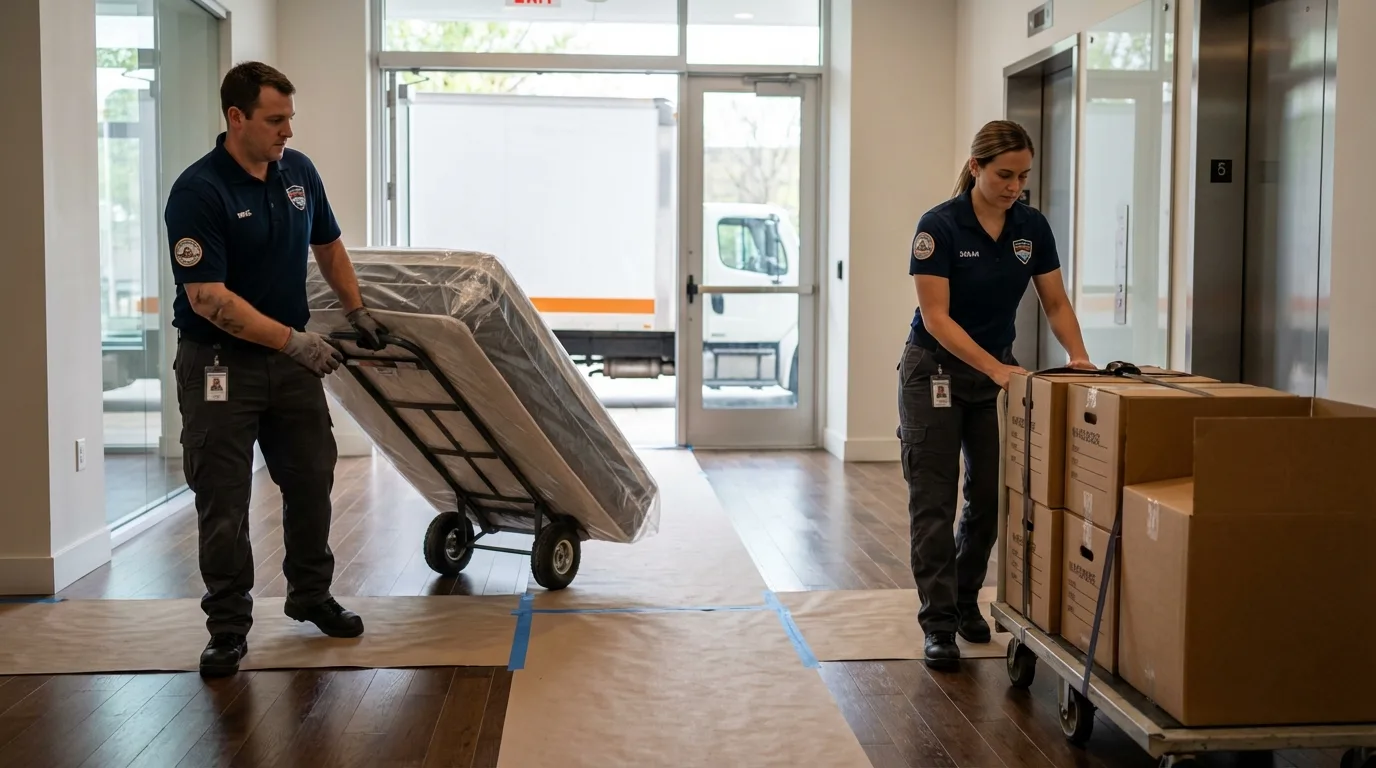 Professional apartment movers loading elevator in Kaukauna, WI